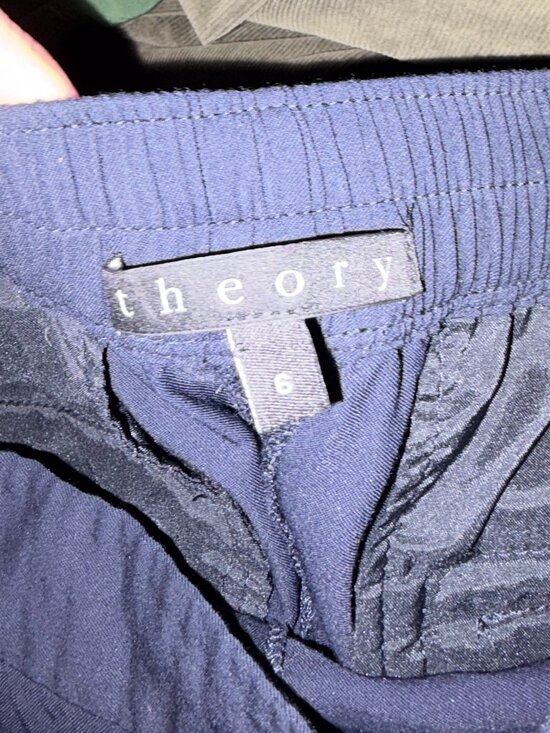 Theory pull-on pleated pants 6 navy viscose elastic waist pockets silky *flaw* - Picture 7 of 10